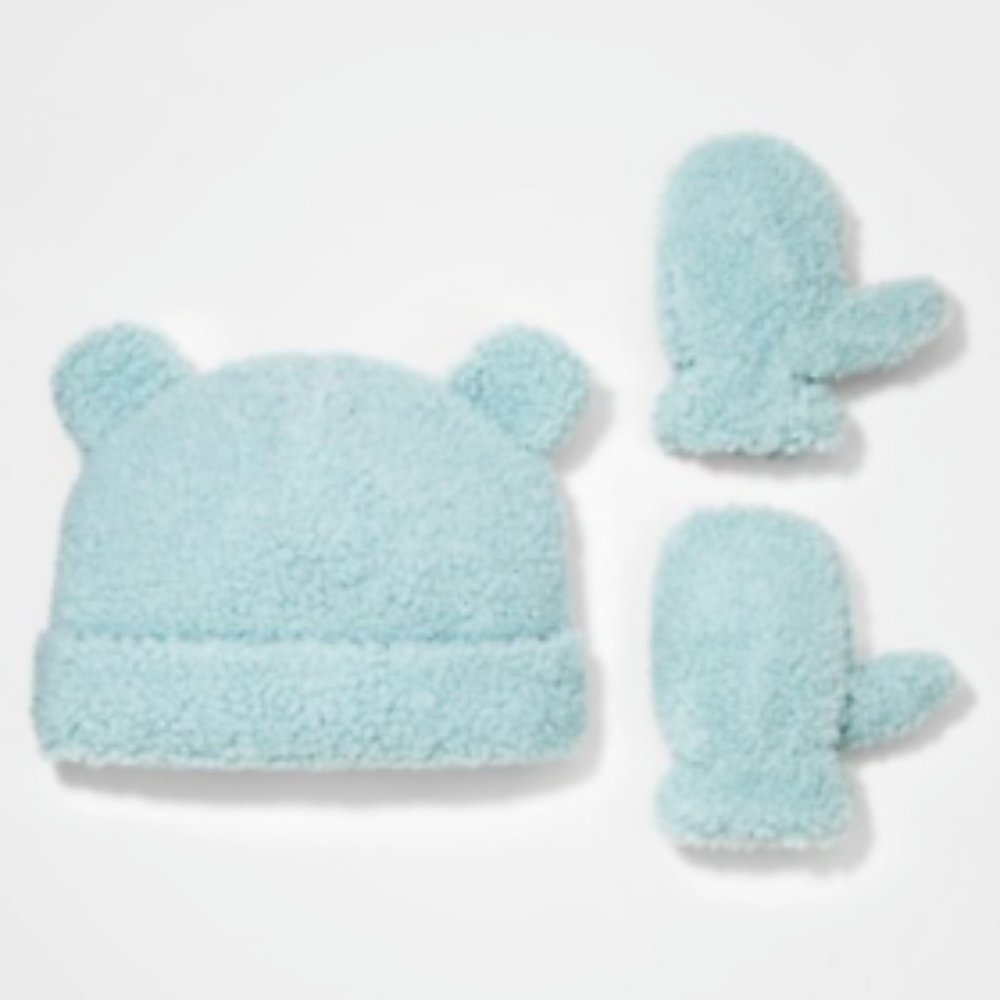 Cat & Jack Toddler Unisex Sherpa Fleece Beanie with Mittens Blue